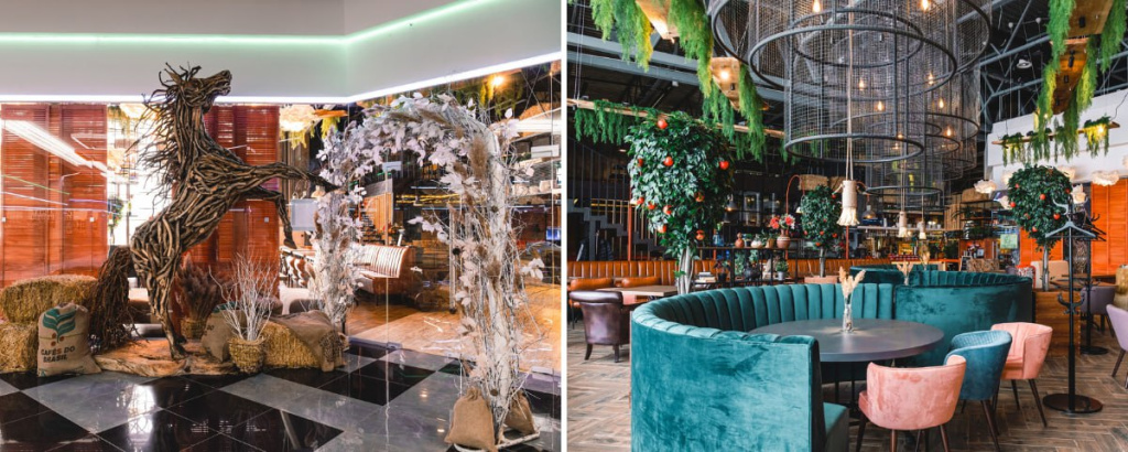 Скульптуры из природных материалов, растения в интерьере